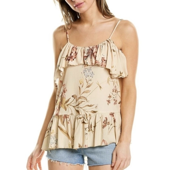 Chaser Heirloom Woven Floral Vented Ruffle Peplum Hem Camisole Tank Top Beige M - Picture 11 of 12